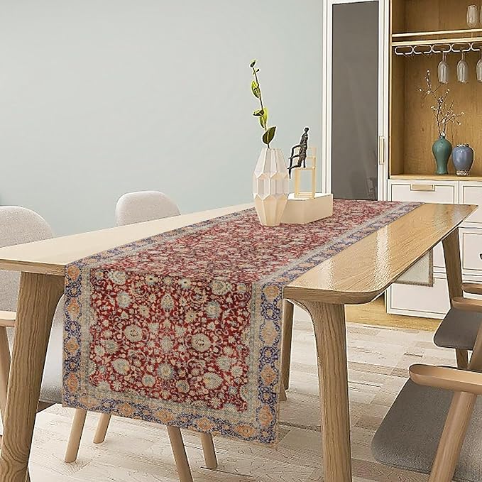 Boho Bohemia Style Table Runner, Vintage Red Blue Retro Flower Rustic Country Style Floral Print Pattern for Home Kitchen Table Decor Dining Coffee Room Garden Party Decor 13x120in