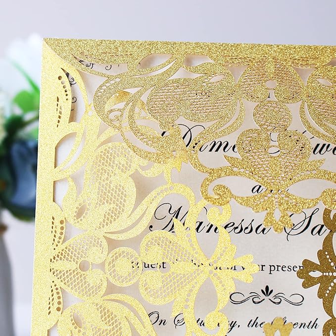 Hosmsua 50PCS Personalized Gold Laser Cut Wedding invitation Cards With Envelopes 6.3 x 6.3 Inch Hollow Lace Rose Invitation Pocket for Engagement Wedding Bridal Shower Invite (Gold Glitter)