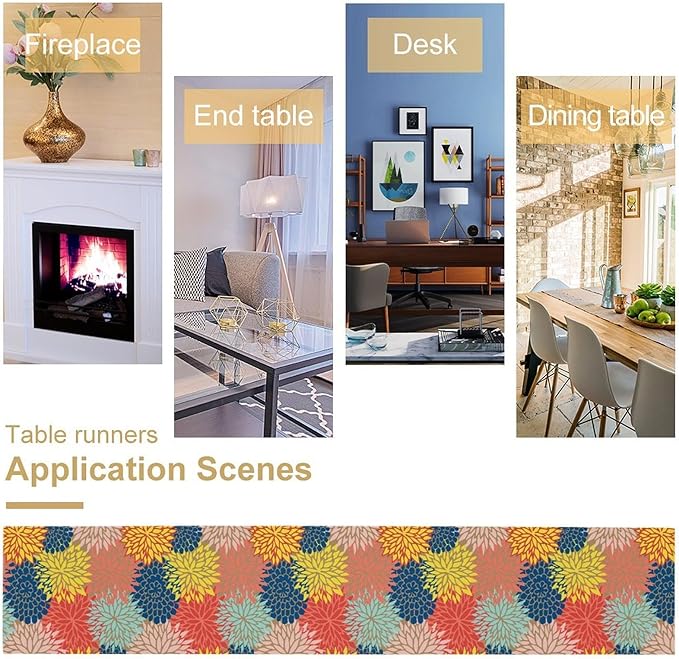 Dahlia Flowers Table Runner Colorful Floral Teal Grey Pink Yellow Blue Abstract Table Runner Kitchen Dining Party Decor Living Room, 13x120 Inch