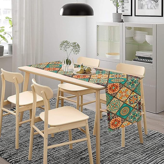 Bohemian Patchwork Table Runnerboho Colorful Tile Patchwork Indian Floral Print Table Runner for Home Kitchen Indoor Outdoor Party Wedding Decor, 13x60inch