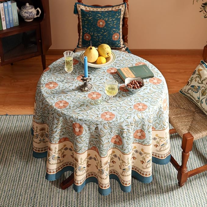 patdrea Designer French Linen Blue Round Table Cloth,Vintage Floral Tablecloth,Colorful Decoration Fall Table Cover Kitchen Dining for Tea Party,Thanksgiving,Christmas,Diameter 55"-Wensel