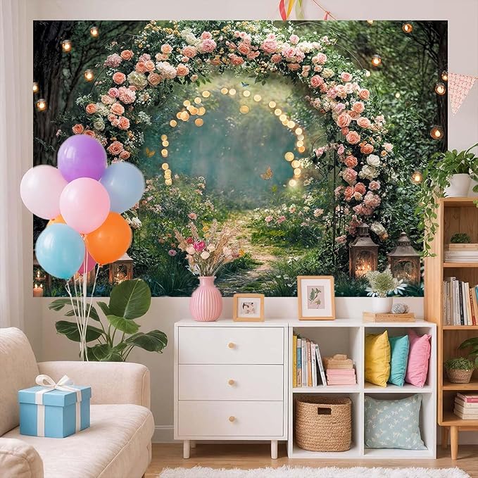 8x6ft Enchanted Forest Wedding Photography Backdrop Wonderland Roses Fairy Tale Backdrop Pink Flower Birthday Newborn Baby Shower Wedding Bridal Party Banner Photo Booth Props Anniversary Background