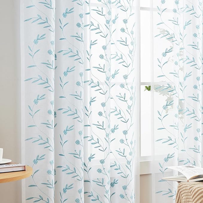 White Embroidery Sheer Curtains White-Blue 95 Inches, Floral Window Treatments Rod Pocket Drapes for Living room, Bedroom, Semi Voile Curtain Panels for Yard, Patio, Villa, Parlor, Set of 2, 52"x 95".