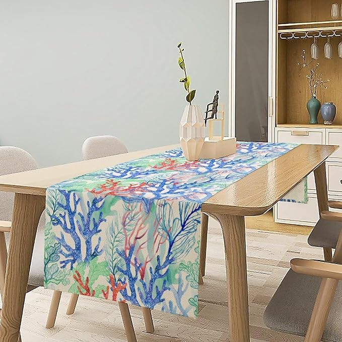Summer Shell Starfish Table Runner, Seasonal Spring Summer Tropical Ocean Beach Indoor Party Kitchen Outdoor Table Decor 13x90 Inch
