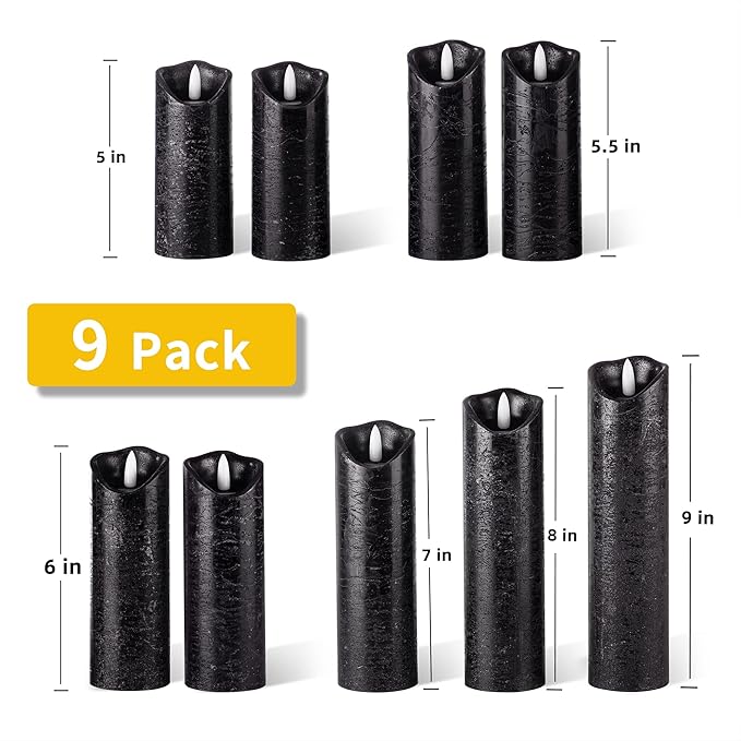 Hausware Set of 9 Flameless Candles Battery Operated LED Real Wax Flickering Electric Candles with Remote Control Timer for Wedding Birthday Halloween Christmas Decorations (Black Color)