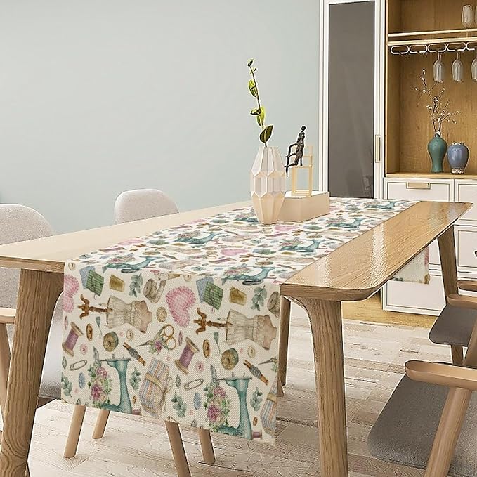 Sewing Theme Table Runner,Vintage Sewing Machine Tool Watercolor Pattern Print Tablecloth Burlap for Hotel Indoors Outdoor Dining Room Kitchen Home Decor,W13X L108 in