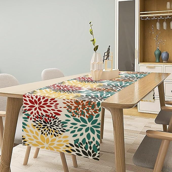 Green Red Dahlia Flower Table Runner Chrysanthemum Geometric Kitchen Dining Bedroom Living Room Table Decor for Indoor Outdoor Home Party, 13x36 Inch
