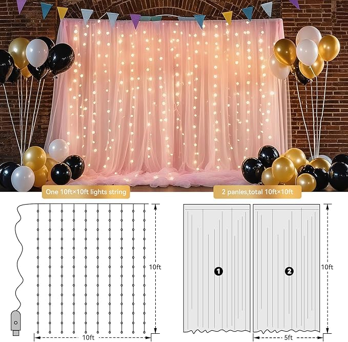 10×8ft Tulle Backdrop Curtains with Lights String - 300LED Fairy Lights Sheer Curtain Backdrop for Weddings Baby Shower and Birthday Party Decorations(8 Panels 5×8ft)