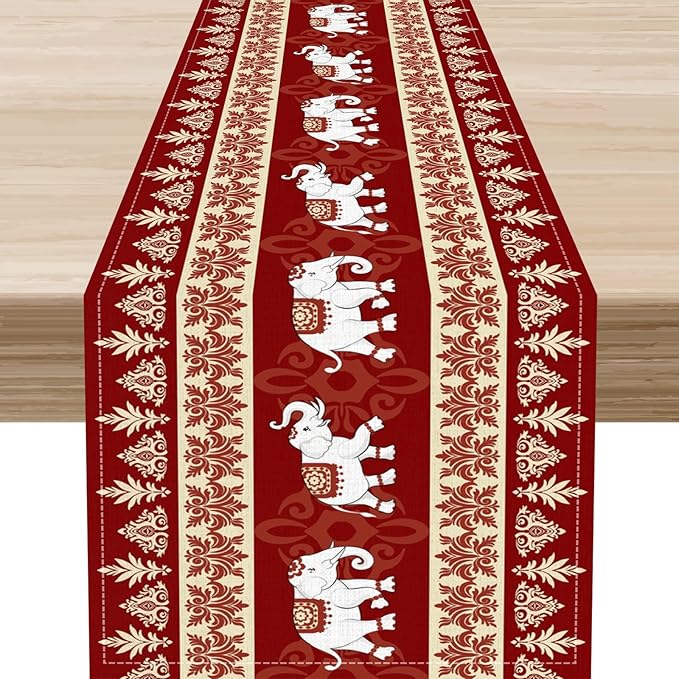 Boho Elephant Table Runner, Vintage Tribal Traditional African Animals Ethnic Folk Red Table Center Decor for Home Kitchen Dining Patio Holiday Party Indoor Outdoor Table Decorations, 13"x36" Inch