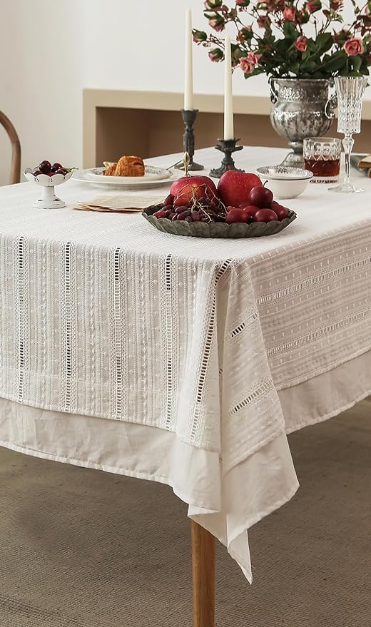 patdrea Designer Vintage Cotton White Lace Tablecloth for Rectangle Tables,French Country Cottage Embroidered Table Cloth Art Decor for Kitchen Wedding Patries Banquet Christmas,59"*75"