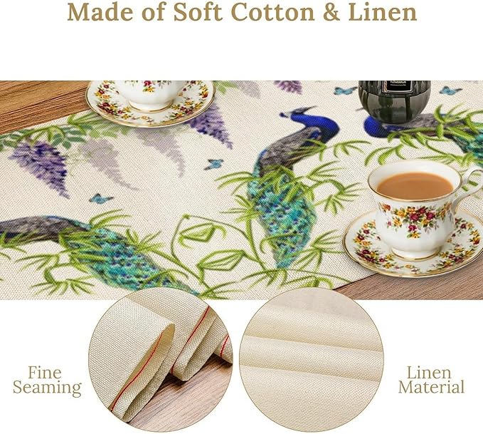 Peacock Table Runner,Spring Plant Butterfly Print Seasonal Table Runner for Home Kitchen Dining Party Indoor Outdoor Decoration 13x108 Inch