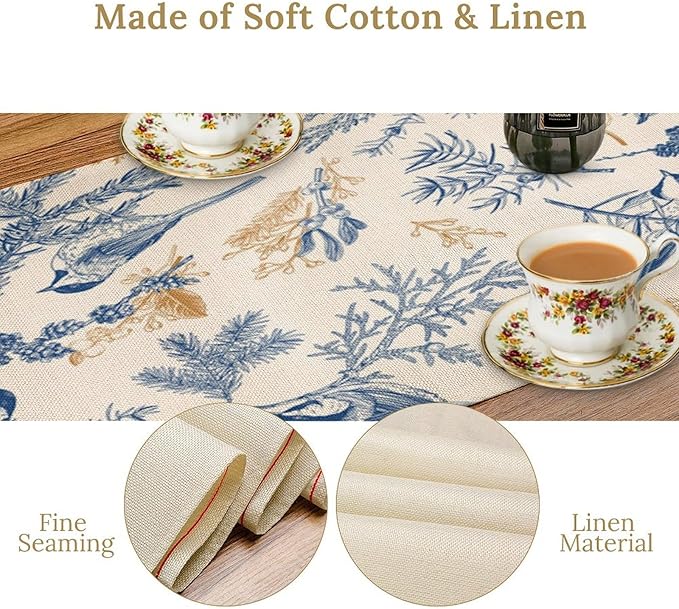 Chinoiserie Flowers Table Runner, Seasonal Spring Fall Plants Blue Florals Birds Dinner Runner for Home Kitchen Dining Table Party Holiday Decoration 13"x36"