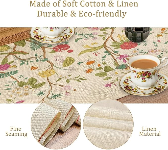 Floral Table Runner, Vintage Birds Wildflowers Herbs Nature Theme Linen Long Table Kitchen Dining Table Holiday Party Decorative Table Runner,13in（33cm） W * 120in（305cm） L