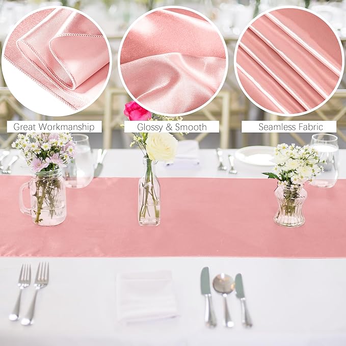 Aneco 12 Pack Satin Table Runner 12 x 108 Inch Rose Gold Long Wedding Satin Silk Table Runner for Wedding Banquet Graduations Birthday Party Decoration