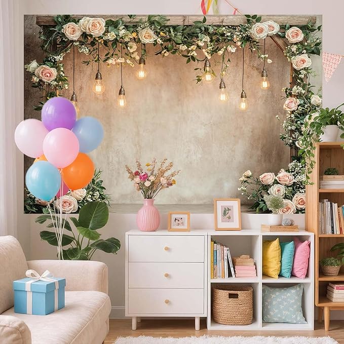 10x8ft Country Wedding Photography Backdrop Floral Rustic Roses Farmhouse Wooden Door Backdrop Pink Flower Birthday Baby Shower Wedding Bridal Party Banner Photo Booth Props Anniversary Background