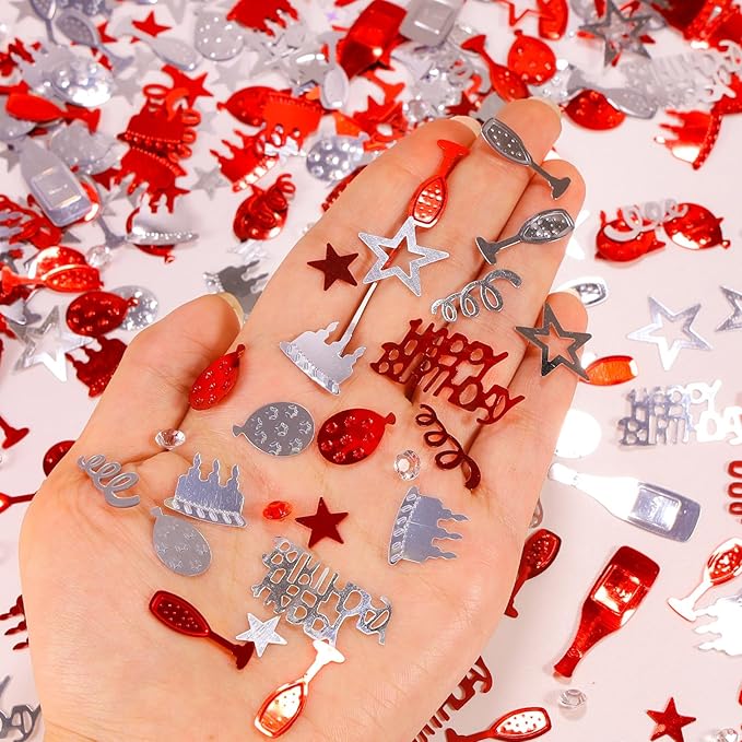 VHUWE Happy Birthday Confetti, 1.6 oz Red Silver Cake Balloon Star Goblet Bottle Glitter Confetti for Boys Girls Kids Women Men Happy Birthday Party Table Decorations Supplies