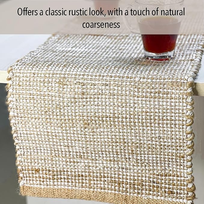 Chardin home Natural Jute Table Runner 13x72 Inch – Vintage Boho Rustic Table Decor – Handwoven Table Runner in Natural Jute and Ivory – Farmhouse Dining or Console Table Accent