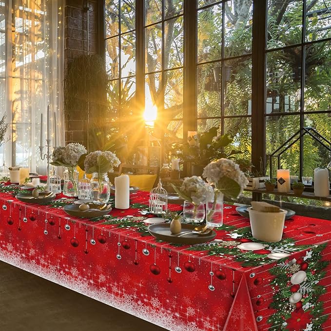 1Pieces Merry Christmas Tablecloth Plastic Christmas Tree Ball Table Cover Rectangle Winter Snowflake Tablecloth for Merry Christmas Holiday New Year Eve Party Decorations Supplies,54x108inch