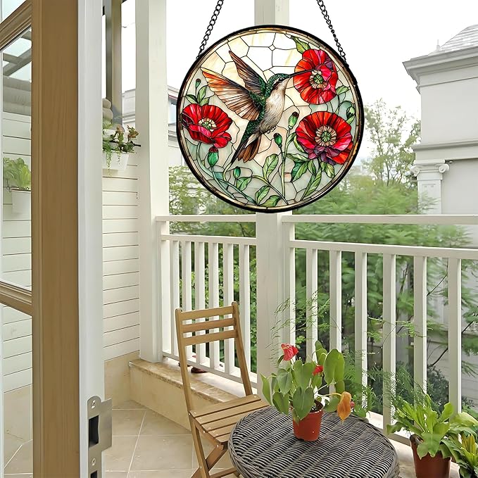 Stained Glass Window Hanging - Green Hummingbird Red Flower Suncatcher for Door Terrace Garden Home Decor Bird Landscape Sun Catcher Birthday Gifts for Lovers Women Men Dad Mom Nana 6.3 in