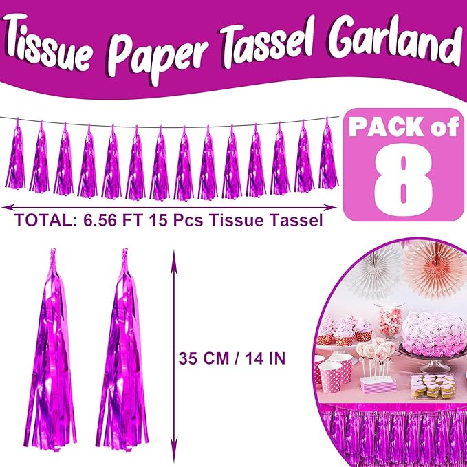 Hysilla Fuchsia Foil Fringe Metallic Tassel Streamers Banner Tassel Garland for Parade Floats, Bachelorette, Wedding, Birthday, Halloween, Christmas, Bridal/Baby Shower Party Decorations