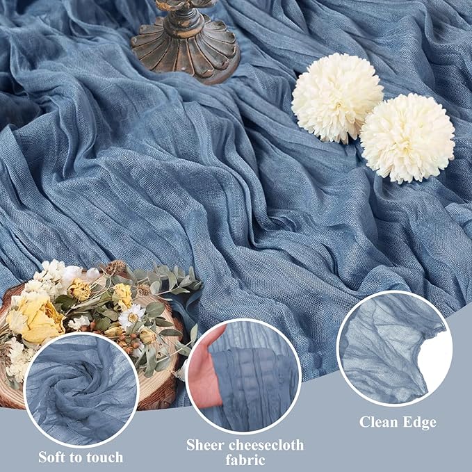 Asee'm 12pcs Cheesecloth Table Runner 120 Inches Long Dusty Blue Boho Gauze Cheese Cloth Runner 10FT Rustic Sheer Table Runners for Christmas Wedding Party Baby Shower Spring Easter Decoration