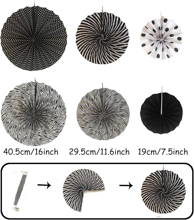 ZERODECO Party Decoration, 21 Pcs Black and Gold Hanging Paper Fans, Pom Poms Flowers, Garlands String Polka Dot and Triangle Bunting Flags for Birthday Parties Wedding Décor, Table & Wall Decorations