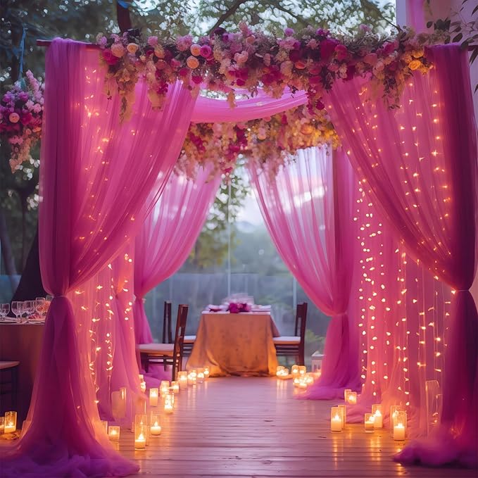 20×10ft Hot Pink Tulle Backdrop Curtain with Lights String for Parties, Sheer Photo Backdrop Curtains for Wedding Party Photography Background