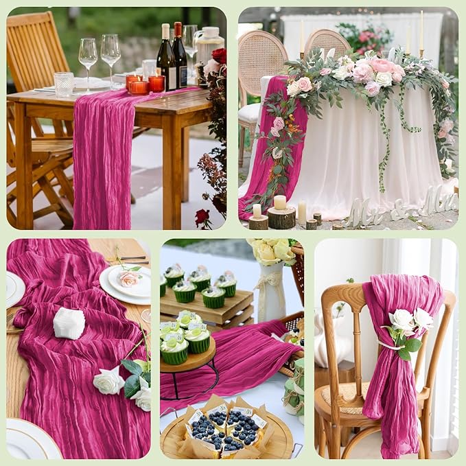 Asee'm 3pcs Cheesecloth Table Runner 120 Inches Long Fuchsia Boho Gauze Cheese Cloth Runner 10FT Rustic Sheer Table Runners for Christmas Wedding Party Baby Shower Spring Easter Decoration