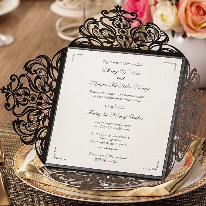 Hosmsua 50PCS Personalized Black Laser Cut Hollow Lace Rose Invitation Cards with Envelopes 6.3 x 6.3 Inch Wedding Invitations for Engagement Wedding Invite (Customized Printed)
