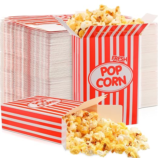 Xinnun 200 Pcs Paper Popcorn Boxes 1 oz Close Top Oil Proof Disposable Popcorn Container 6 x 4 x 2 Inch Stripes Leak Proof Popcorn Boxes for Party Movie Party Theater Night Birthday (Red)
