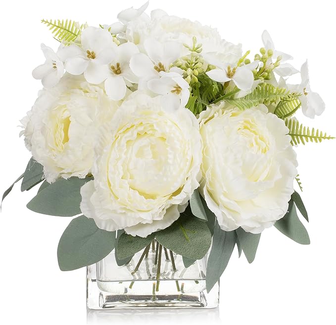 ENOVA FLORAL Artificial Flower Arrangement with Vase,Mixed Artificial Silk Peony Flower in Vase for Decoration Home Office, Wedding Centerpiece (Cream02)