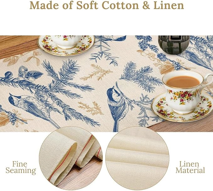 Floral Table Runner,Sketch Birds and Flowers Summer Table Runner Kitchen Dining Table Decoration for Home Party Decor 13x72 Inch