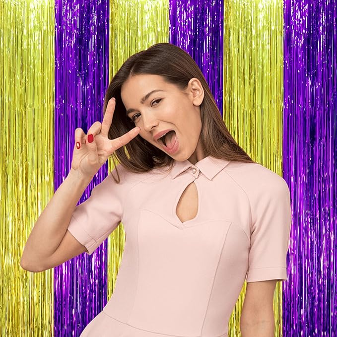 2 Pack Purple and Gold Foil Fringe Backdrop Curtains, Tinsel Streamers Party Decorations, Fringe Backdrop, Door Shimmer for Graduation or Birthday Party