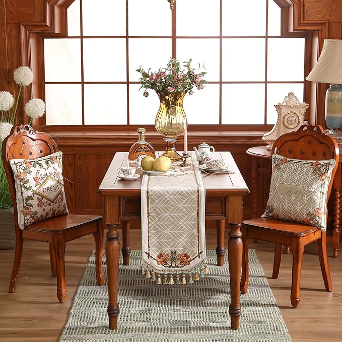 patdrea Designer Elegant French Floral Velvet Table Runner 87 Inch Long, Green with Orange Blossoms Pattern Table Mat, Decor for Kitchen Dining Coffee Table Cabinet Banquet Thanksgiving,12"*87"