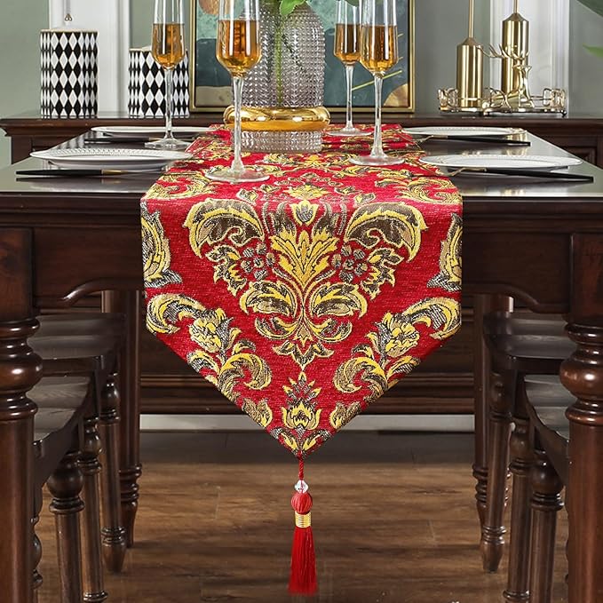 Embroidered Jacquard Elegant Table Runners 72 inches Long Chenille with Tassels - Red