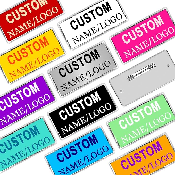 Custom Name Tags ID Badges with Logo Name Personalized Name Badges Custom Name Tag ID Badge with Pin Backing Customizable Name Tag for Business Offices Stores Restaurant, 1.5x2.8 in, 5PCS