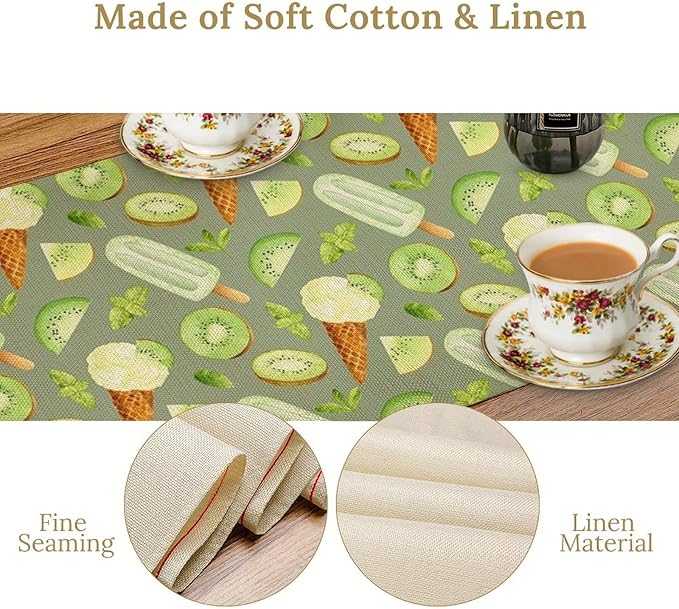Summer Ice Cream Popsicles Table Runner, Watercolor Green Kiwi Seasonal Fruit Sweet Dessert Dinner Runner for Party Holiday Home Kitchen Dining Table Decor 13"x108"