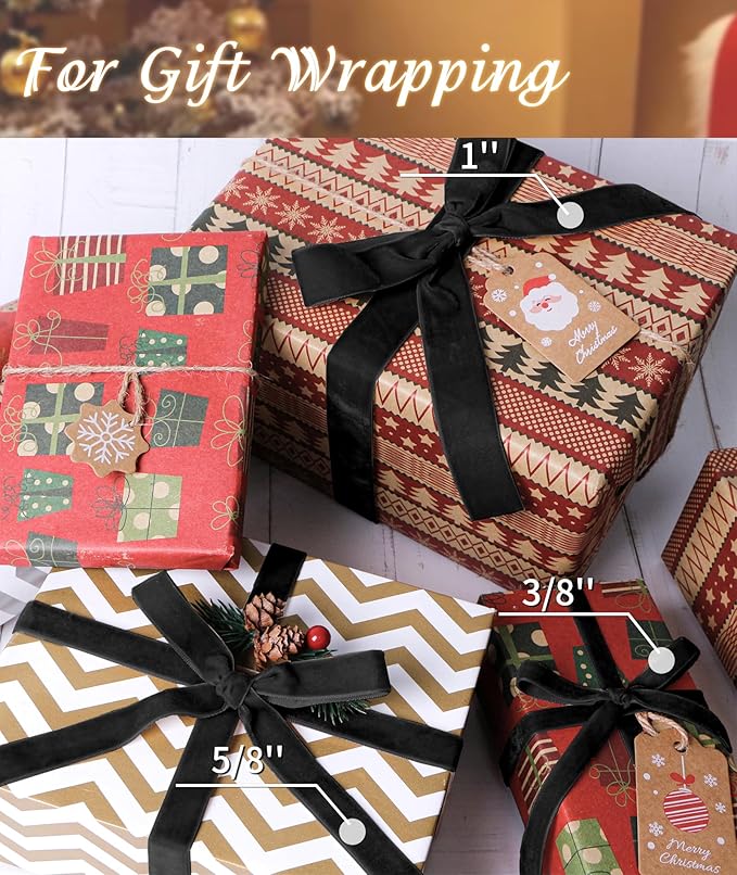 Black Velvet Ribbon 3/8'' 25 Yards for Christmas Tree, Gift Wrapping, Flower Bouquet, Wreath Decorations, Bow Making