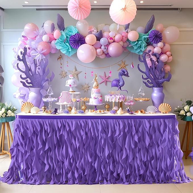 Partisky Mermaid Purple Tulle Curly Willow Table Skirt for Rectangle Table 17ft, Ruffle Tutu Table Cloth for Girls Boys Baby Shower,Mermaid Birthday Party