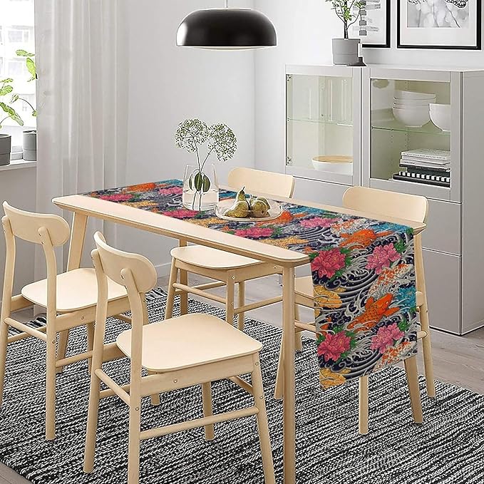 Japanese Retro Flowers Table Runner Oriental Tradition Kio Fish Art Printed Burlap Runner Home Kitchen Dining Table Living Room Decor Fabric 1 Panel W13xL120in