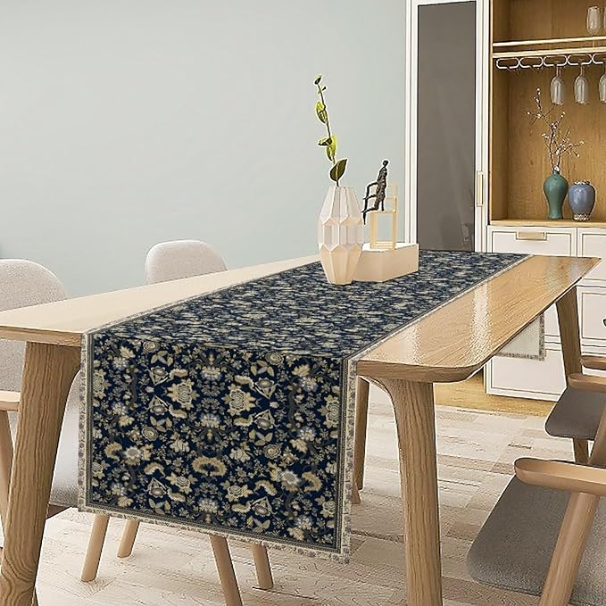Vintage Boho Floral Table Runner, Morris Rustic Country Farmhouse Dark Blue Grey Retro Flower Pattern for Home Kitchen Table Decor Dining Coffee Room Party Decor 13x90in