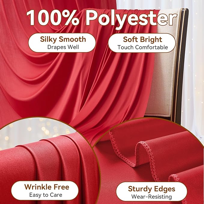 40×12ft Wrinkle Free Red Backdrop Curtain for Wedding Parties,8 Panels 5×12ft Long Soft Silky Polyester Backdrop Drapes Red Photo Back Drop Curtains for Photography Stage Christmas Background Cloth