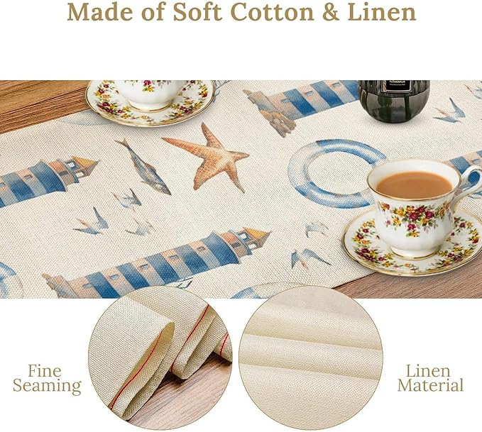 Blue Beach Table Runner, Tropical Ocean Coast Table Runner, Seashell Seasonal Nautical Restaurant Coffee Table Decorations for Home Holiday Party Indoor Outdoor 13x90 Inch