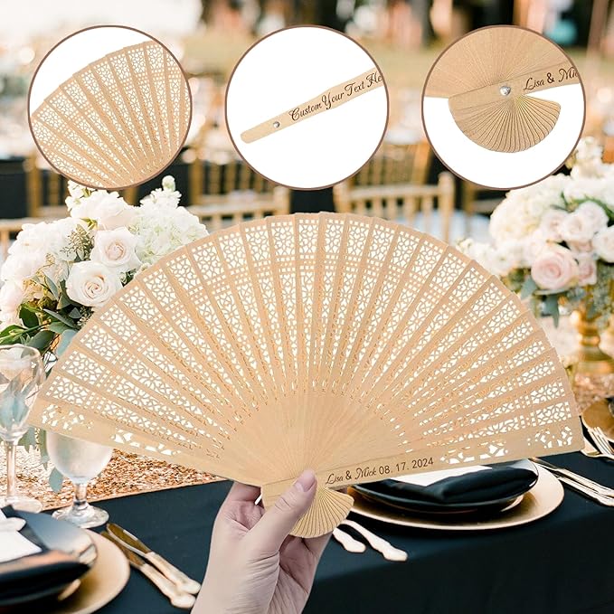 100Pcs Wedding Fans Personalized Folding Hand Fans Custom Sandalwood Wedding Fans with Organza Bags Wedding Party Favor Wedding Fans for Guests (10)