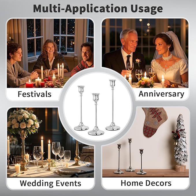CHILL RECIPE Silver Taper Candle Stick Holders Tall Candle Holder, Vintage Candlesticks Holder Bulk for Home Decor Table Centerpiece Dining Party Festival Decorations (4 Set 12Pcs)