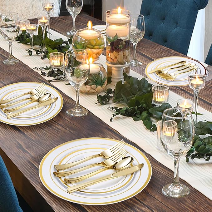 300PCS Gold Plastic Plate Set (50 Guests), Plastic Plates for Party Wedding Birthday, Disposable Dinnerware Set of 100 Plates, 100 Forks, 50 Spoons, 50 Knives for Christmas, Thanksgiving