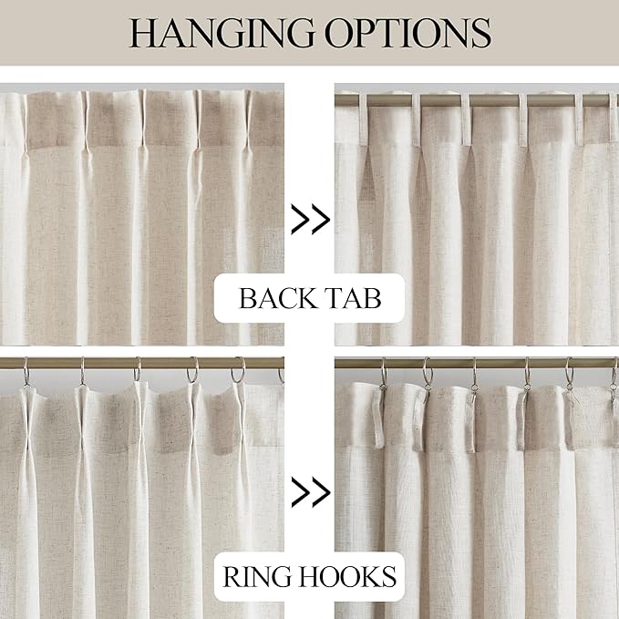 Vision Home Natural Pinch Pleated Semi Sheer Curtains Textured Linen Blended Light Filtering Window Curtains 102 inch for Living Room Bedroom Patio Pinch Pleat Drapes with Hooks 1 Panel 84" Wx102 L