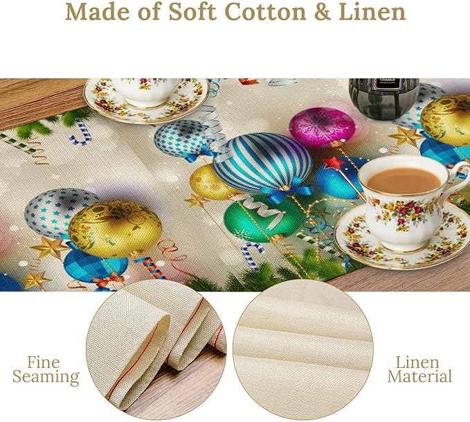 Christmas Table Runner,Colorful Balls Xmas Tree Snowflake Pattern Print Tablecloth Burlap for Hotel Indoors Outdoor Dining Room Kitchen Home Decor,W13X L60 in