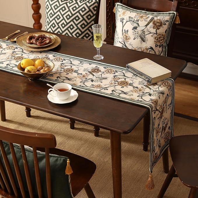 ISAENNE Designer Vintage Beige Linen Table Runner 118 Inches Extra Long,Elegant Floral and Bird Pattern Decor Table Runners for Dining Tables,Thanksgiving,Christmas,Banquet,Party,12"*118"-Murad A