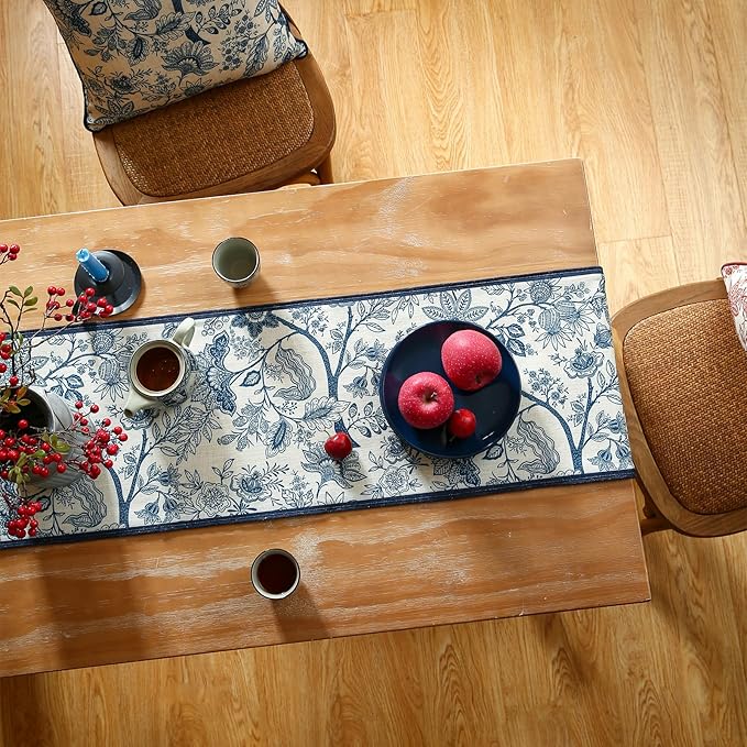 ISAENNE Designer Chinoiserie Elegant Linen Extra Long Table Runner 118 Inches,Blue Floral Pattern Decor Table Runners for Thanksgiving,Dining Room,Banquet,Kitchen Tables,Christmas,12"*118"-Ruyi B